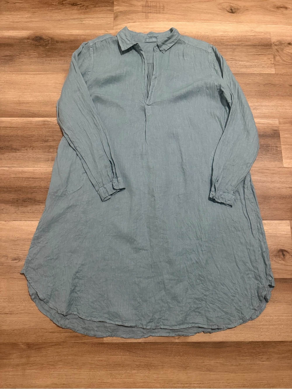 CP Shades 100% Linen Teal Green Long Sleeve Midi Tunic Dress M USA Collar V Neck